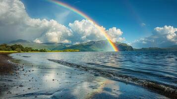 ai generiert Regenbogen im das Himmel Über Körper von Wasser foto