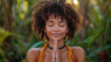 ai generiert Frau mit sommersprossig Haar und Augen geschlossen beten foto