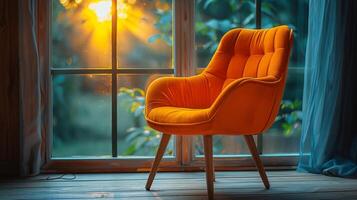 ai generiert Orange Stuhl im Vorderseite von Fenster foto