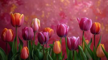 ai generiert Gruppe von Rosa Tulpen gegen Rosa Hintergrund foto