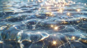 ai generiert Nahansicht von transparent Wasser Oberfläche mit Wellen und Reflexionen, mit Silber Venen. das funkelnd golden Licht auf das Wasser Oberfläche. generiert durch künstlich Intelligenz. foto