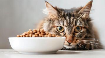 ai generiert nass Katze Essen im ein Schüssel auf das Tabelle und das Katze Stöcke es ist Schnauze aus von unter das Tisch. generiert durch künstlich Intelligenz. foto