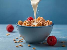 ai generiert Frühstück Mahlzeit mit Spritzen von Milch auf ein Müsli im das Blau Schüssel auf Licht Farbe Hintergrund foto