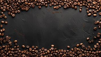 ai generiert Kaffee Bohnen auf ein schwarz Hintergrund mit ein schwarz Tafel foto