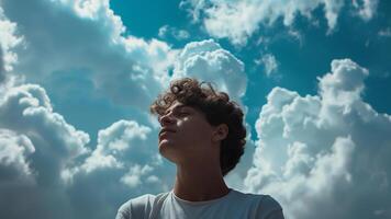 ai generiert ein Mann ist suchen oben beim das Himmel mit Wolken im das Hintergrund foto