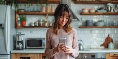 ai generiert Frau Stehen im Küche suchen beim Zelle Telefon foto