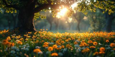 ai generiert Feld von Gelb Löwenzahn mit Sonne Hintergrund foto