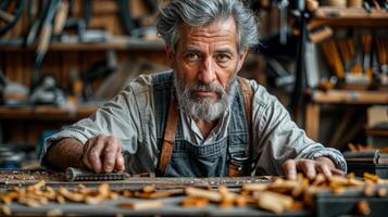 ai generiert Holzbearbeitung Kompetenz Tischler Tabelle beladen mit Werkzeuge und Ausrüstung, präsentieren Widmung zu Handwerkskunst foto