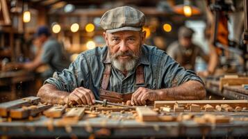 ai generiert Holzbearbeitung Sachverstand Zimmermann demonstriert Fertigkeit mit Ausrüstung auf hölzern Tabelle im Zimmerei Studio foto