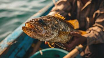 ai generiert Fischer halten ein Zackenbarsch Fisch im seine Hand auf ein Boot foto