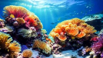 ai generiert Schönheit von das unter Wasser Welt beinhaltet Meer Anemonen, Korallen und Clown Fisch foto