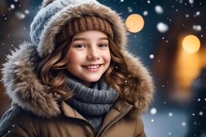 ai generiert ein jung Mädchen tragen ein braun Mantel und ein Hut ist lächelnd foto