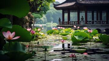 ai generiert ein schön Lotus Teich mit Blumen und Blätter schwebend auf das Wasser und ein sonnig Himmel foto