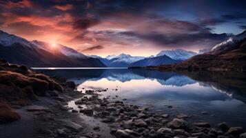 ai generiert ein schön Sonnenuntergang Über ein See und Berge foto