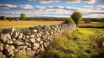 ai generiert Stein Mauer einschließen ein charmant Bauernhof Landschaft foto