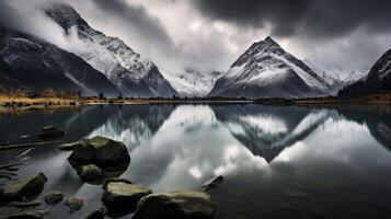 ai generiert friedlich See und Berg Spitzen im natürlich Umgebung foto