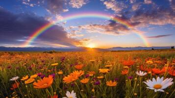 ai generiert ein bunt Regenbogen Bögen Über ein Feld von Blühen Wildblumen foto