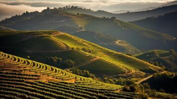 ai generiert Weinrebe Reihen auf ein malerisch rollen Landschaft foto