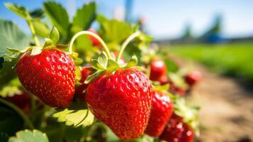 ai generiert Ernte köstlich Erdbeeren von ein ländlich Feld foto