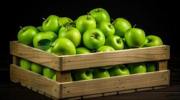 ai generiert hölzern Kiste gefüllt mit knackig und Grün Äpfel foto
