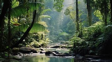 ai generiert ein üppig Grün Regenwald mit ein Vielfalt von Flora und ein klar Himmel foto