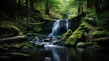 ai generiert ein heiter Wasserfall umgeben durch Grün Beschreibung foto