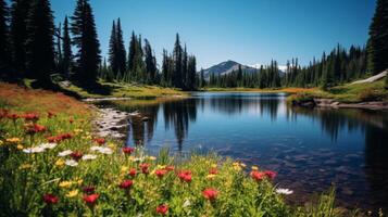 ai generiert beschwingt Wildblumen und klein versteckt See im Natur foto