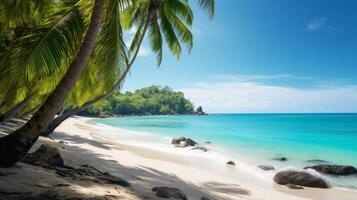 ai generiert tropisch Strand mit Palme Bäume und Türkis Meer im szenisch Aussicht foto