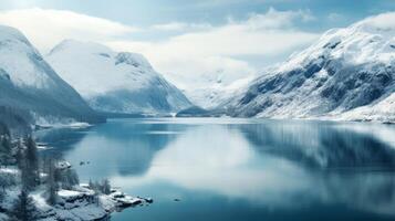 ai generiert makellos eisig Fjord umgeben durch Schnee gekappt Spitzen foto