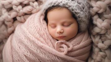 ai generiert ein Baby schläft solide im ein wickeln von Pastell- Decken foto