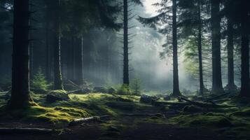 ai generiert ein atemberaubend Sicht von ein sonnendurchflutet Wald im das Nebel mit üppig Grün Blätter und Geäst foto