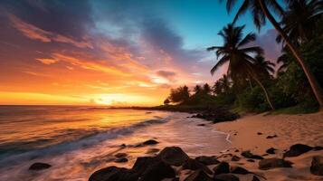 ai generiert schön tropisch Strand mit beschwingt Sonnenuntergang beim Dämmerung und Sonnenlicht foto