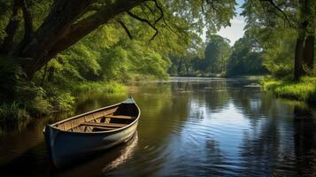ai generiert ein mäanderförmig Fluss mit ein Jahrgang Ruderboot ein romantisch und rustikal Szene foto