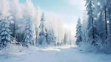 ai generiert ein magisch und zauberhaft Szene von ein makellos schneebedeckt Wald mit Sonnenlicht und Schatten foto