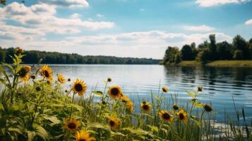 ai generiert schön Natur Szene von Wasser und Sonnenblumen foto