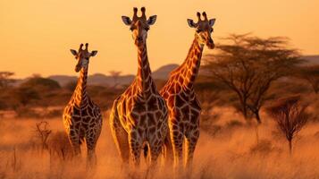 ai generiert Giraffe Gruppe im golden Licht von Savanne schließen oben foto
