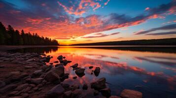 ai generiert schön See mit beschwingt Sonnenuntergang und dramatisch Himmel foto
