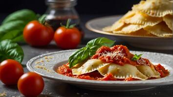 ai generiert köstlich Ravioli mit Tomate Soße, Basilikum, Käse im das Küche foto