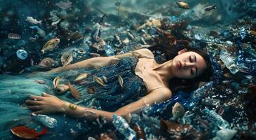 ai generiert schön jung Frau Lügen im Meer mit Müll und Plastik Flaschen foto