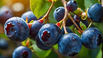 ai generiert reif Blaubeeren auf ein Ast im Natur foto