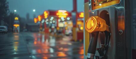 ai generiert Benzin Bahnhof Szene, Gas Pumpe Düse im Treibstoff Spender, Erleichterung Auftanken mit Benzin und Diesel, symbolisieren Petroleum Industrie und Service. foto