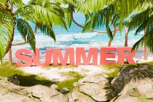 Sommer- Text im tropisch Strand Rahmen mit Palme Bäume foto