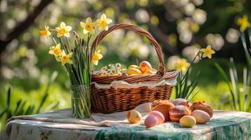 ai generiert Komposition mit Ostern Eier und Blumen im das gewebte Korb im das Garten. Frühling Urlaub Ostern Feier Konzept. foto