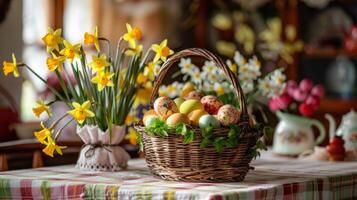 ai generiert Komposition mit Ostern Eier und Blumen im das gewebte Korb im das heim. Frühling Urlaub Ostern Feier Konzept. foto