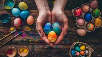 ai generiert Frau Gemälde Ostern Ei beim Zuhause auf alt hölzern Tisch. handgemacht Dekoration zum Feiertage. foto