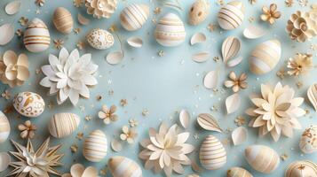 ai generiert schön Blumen und Ostern Eier auf Blau Hintergrund mit Kopieren Raum. Papierschnitt Stil. foto