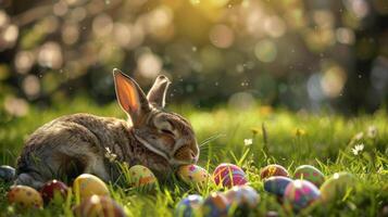 ai generiert klein Hase im Ostern Eier im das Grün Frühling Landschaft. Ostern Karte Konzept foto