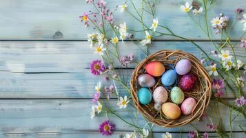 ai generiert Ostern Hintergrund mit Ostern Eier im Korb und Frühling Blumen auf hölzern Hintergrund. Kopieren Raum. foto