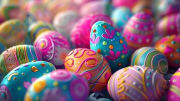 ai generiert Stapel von bunt Ostern 3d Eier. Ostern Hintergrund Konzept. foto