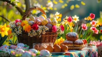 ai generiert Komposition mit Ostern Eier und Blumen im das gewebte Korb im das Garten. Frühling Urlaub Ostern Feier Konzept. foto